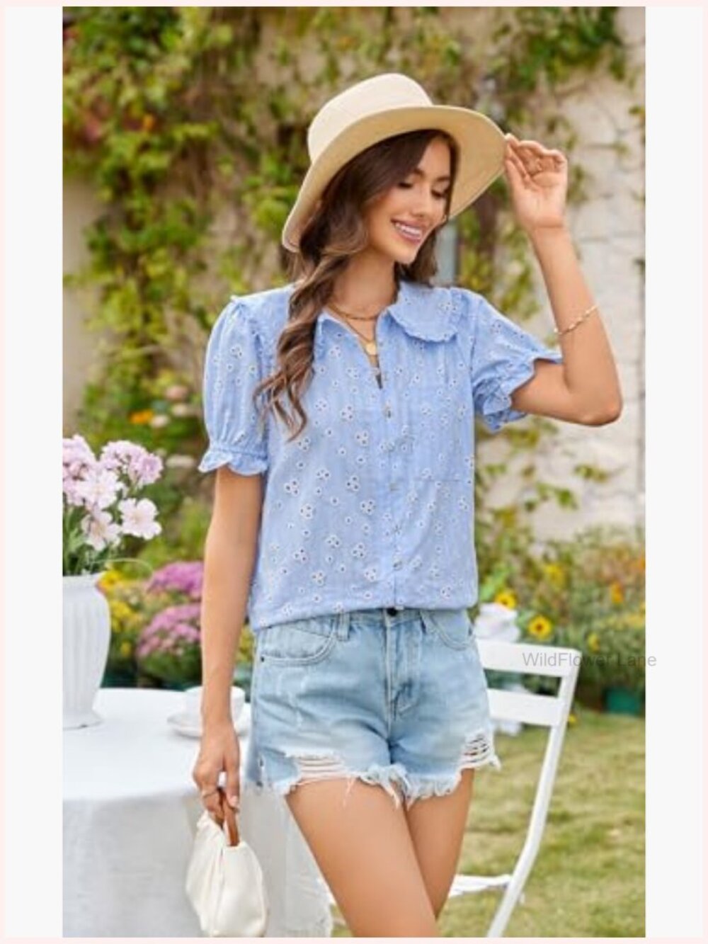 Peter Pan Collar Frilled Short Sleeve Blouse - Casual Cotton Button Up Top - Picture 5 of 7